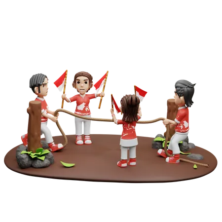 Pueblo indonesio jugando tira y afloja  3D Illustration