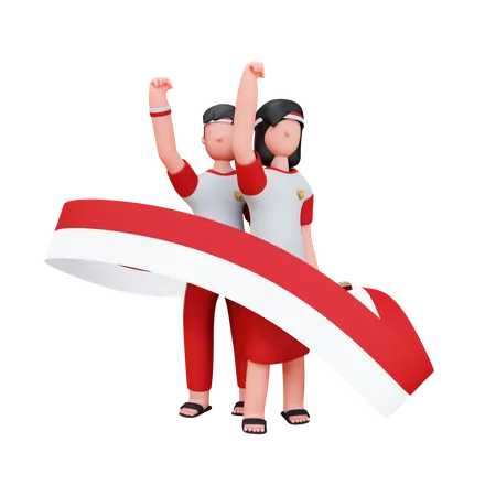 Pueblo indonesio sosteniendo la bandera de Indonesia  3D Illustration