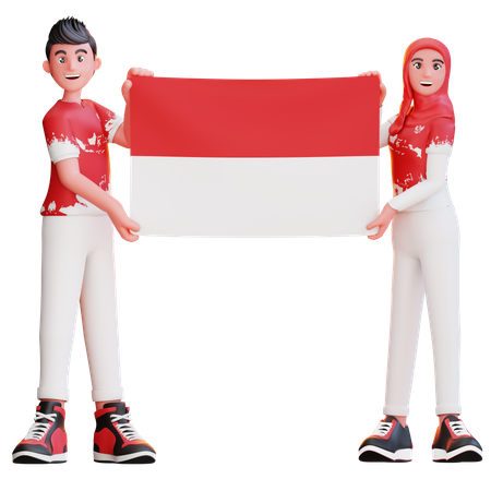 Pueblo indonesio sosteniendo la bandera de Indonesia  3D Illustration