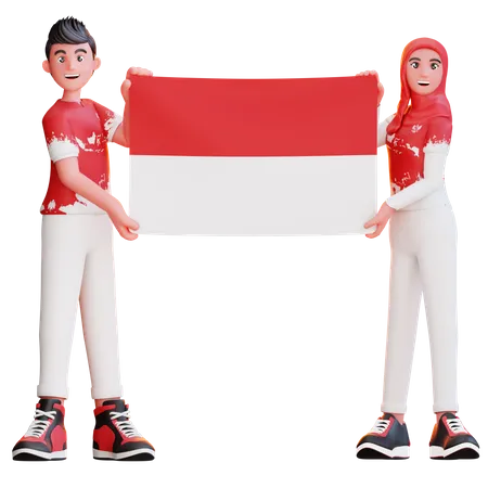 Pueblo indonesio sosteniendo la bandera de Indonesia  3D Illustration