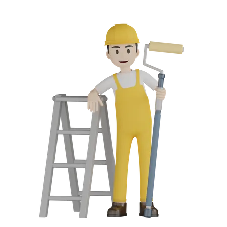 Trabajador De La Construccion Pintor Con Uniforme Amarillo Y Casco Duro 3D Illustration