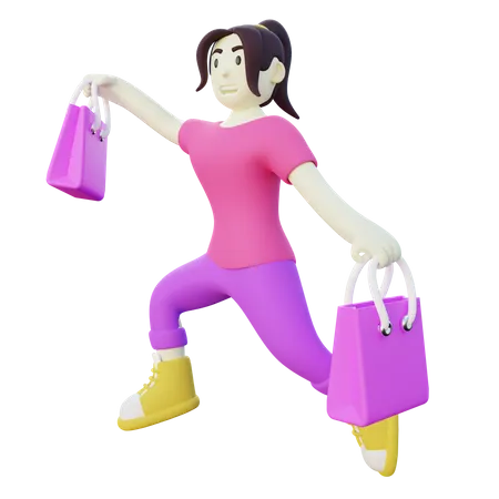 Mulher feliz pulando depois das compras  3D Illustration