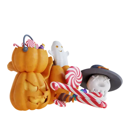 Pumpkin Candy And Skull  3D Icon
