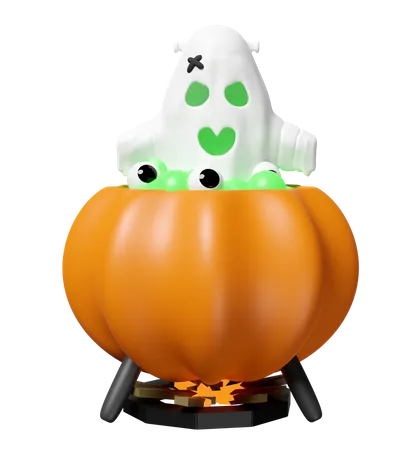 3 D Halloween Holiday Party With Cute Ghost Magic Cauldron Pumpkin Eye Isolated 3 D Render Illustration 3D Icon