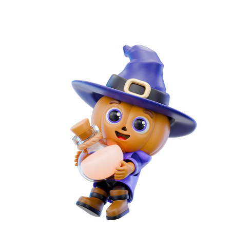 Pumpkin Character Carrying Potion Bottle 3D Illustration