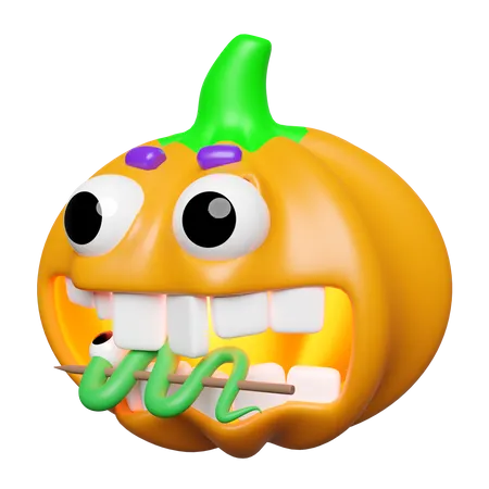 3 D Halloween Holiday Party With Pumpkin Head Eats Worm Candy Skewer White Teeth Eyebrows Isolated 3 D Render Illustration 3D Icon