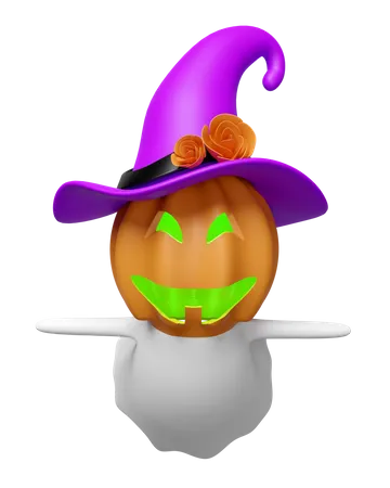 3 D Halloween Day Concept With Cute Pumpkin Head Ghost Flying Witch Hat Isolated Holiday Party 3D Icon