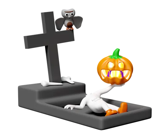 Pumpkin Ghost On Cemetery  3D Illustration