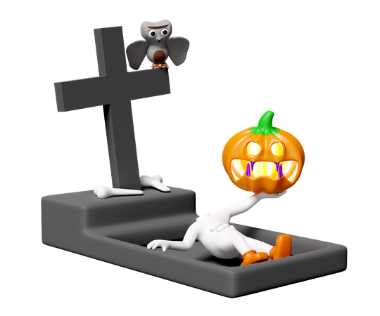 Pumpkin Ghost On Cemetery  3D Illustration