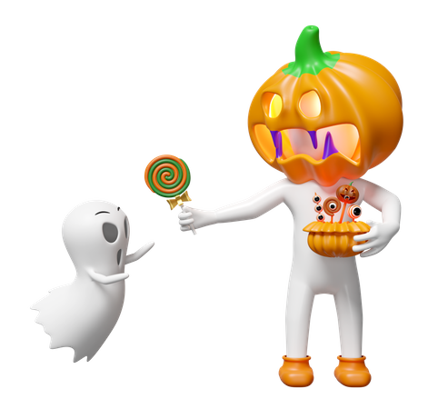 Pumpkin Head Man Giving Candy  3D Illustration