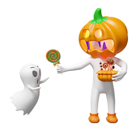 Pumpkin Head Man Giving Candy  3D Illustration