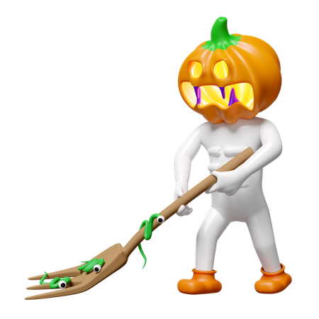 Pumpkin Head Man Holding Fork  3D Icon
