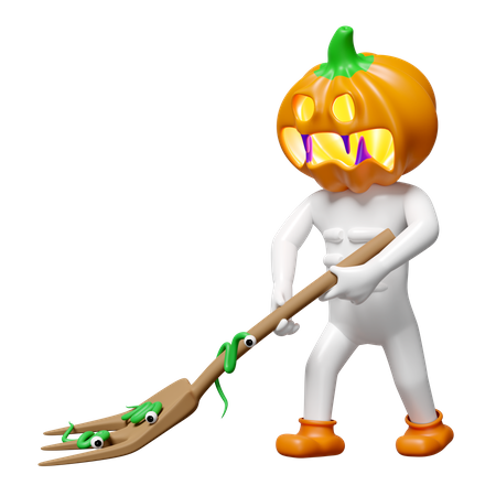 Pumpkin Head Man Holding Fork  3D Illustration