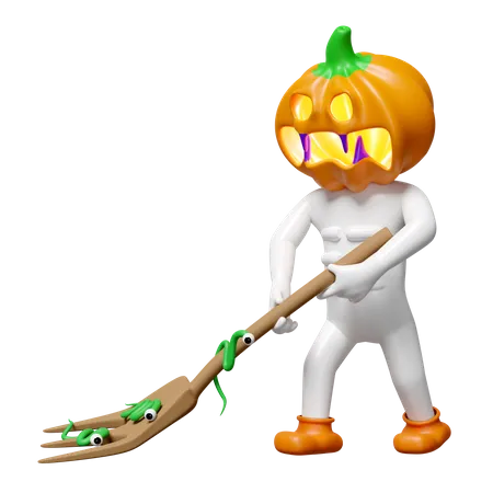 3 D Halloween Holiday Party With Pumpkin Head Man Hand Holding Fork Worm Isolated 3 D Render Illustration 3D Illustration