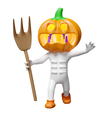 Pumpkin Head Man Holding Fork  3D Illustration