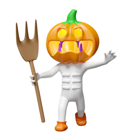 3 D Halloween Holiday Party With Pumpkin Head Man Hand Holding Fork Isolated 3 D Render Illustration 3D Illustration