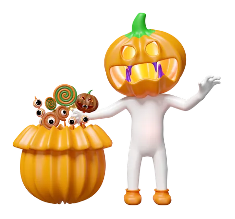 Pumpkin Head Man Holding Lollipop  3D Illustration