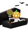 Pumpkin Head Man Holding Lollipop In Coffin