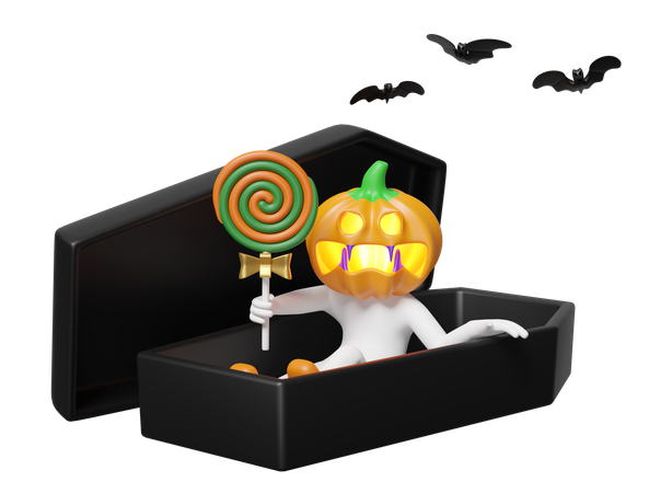 Pumpkin Head Man Holding Lollipop In Coffin  3D Icon