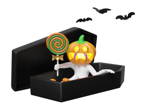 3 D Halloween Holiday Party With Pumpkin Head Man Hand Holding Sweet Lollipop In Coffin Bats Isolated 3 D Render Illustration 3D Icon