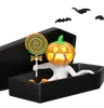Pumpkin Head Man Holding Lollipop In Coffin