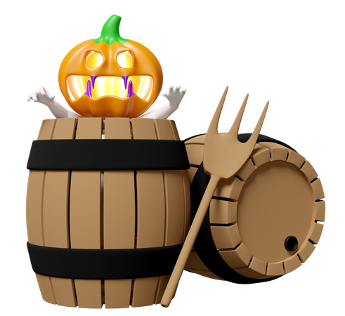 Pumpkin Head Man In Wooden Bucket  3D Icon