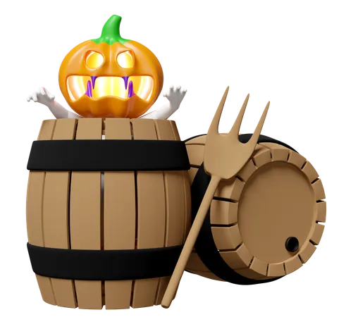 Pumpkin Head Man In Wooden Bucket  3D Illustration
