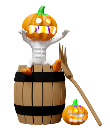 Pumpkin Head Man Sitting On Wooden Barrel  3D Icon