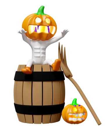 Pumpkin Head Man Sitting On Wooden Barrel  3D Illustration