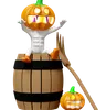 Pumpkin Head Man Sitting On Wooden Barrel