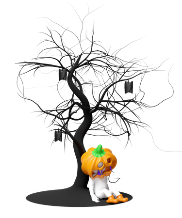 Pumpkin Head Man Sleeping Under Dead Tree  3D Icon