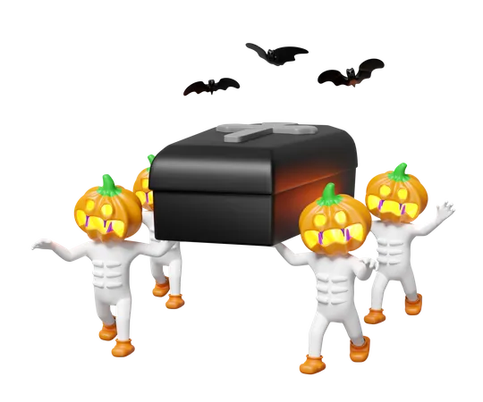 3 D Halloween Holiday Party With Pumpkin Head Man Coffin Bearer Bats Isolated 3 D Render Illustration 3D Icon