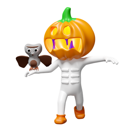 Pumpkin Head Man With Owl  3D Icon