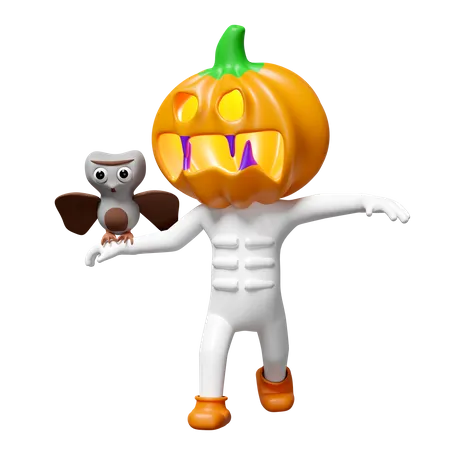 Pumpkin Head Man With Owl  3D Illustration