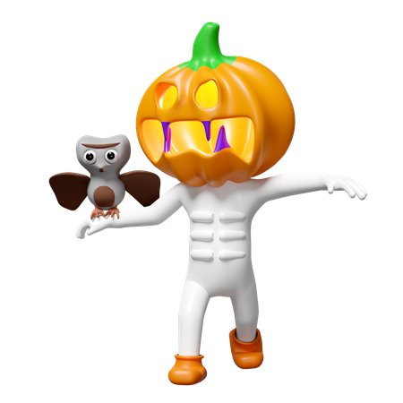 Pumpkin Head Man With Owl  3D Illustration