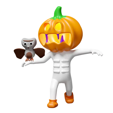 3 D Halloween Holiday Party With Pumpkin Head Man Hand Holding Owl Isolated 3 D Render Illustration 3D Illustration