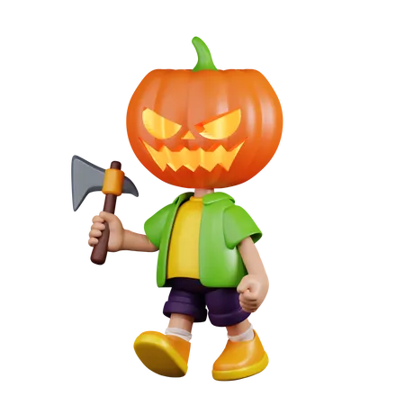 Pumpkin Holding A Big Axe  3D Illustration