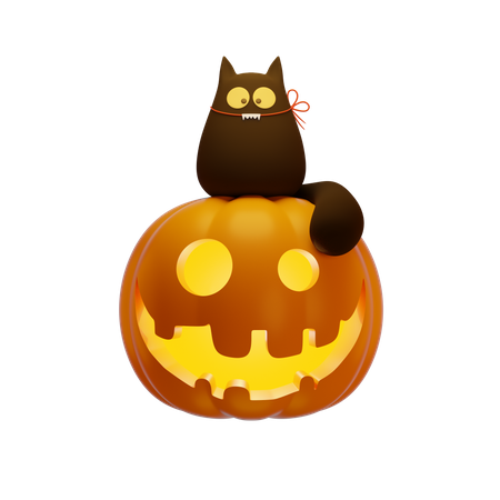 Pumpkin Lantern And Black Cat  3D Illustration