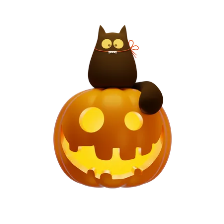 Pumpkin Lantern And Black Cat  3D Illustration