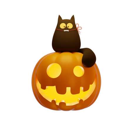 Pumpkin Lantern And Black Cat 3D Illustration