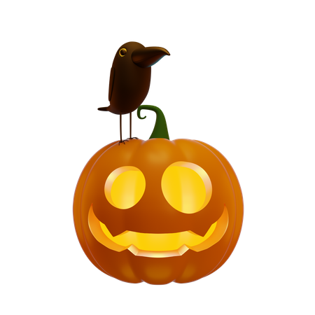 Pumpkin Lantern And Black Crow 3D Illustration