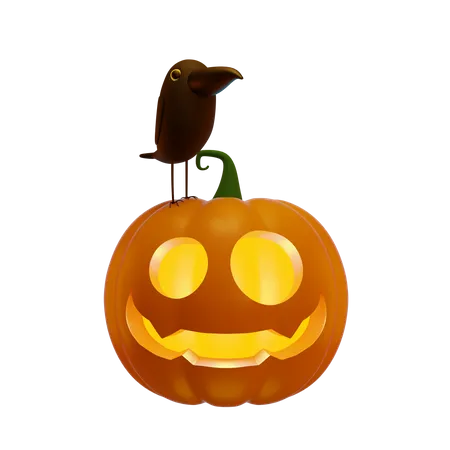 3 D Jacks Pumpkin Lantern And Black Crow Halloween Concept 3D Illustration