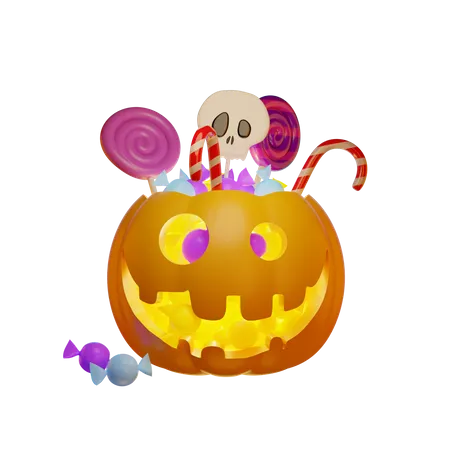 Pumpkin Lantern And Children Sweets  3D Illustration