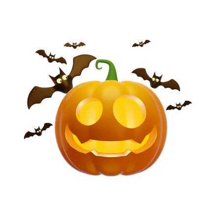 Pumpkin Lantern And Flying Bats  3D Illustration