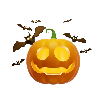 3 D Jacks Pumpkin Lantern And Flying Bats Halloween Concept 3D Illustration