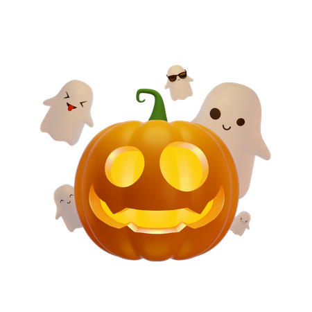 Pumpkin Lantern And Flying Ghosts  3D Illustration