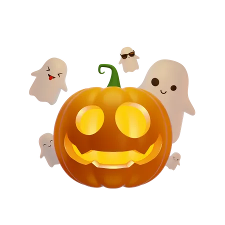 Pumpkin Lantern And Flying Ghosts  3D Illustration