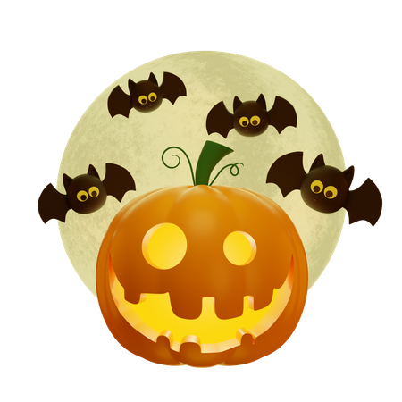 Pumpkin Lantern And Full Moon With Flying Bats  3D Illustration