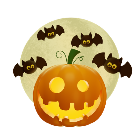 Pumpkin Lantern And Full Moon With Flying Bats 3D Illustration