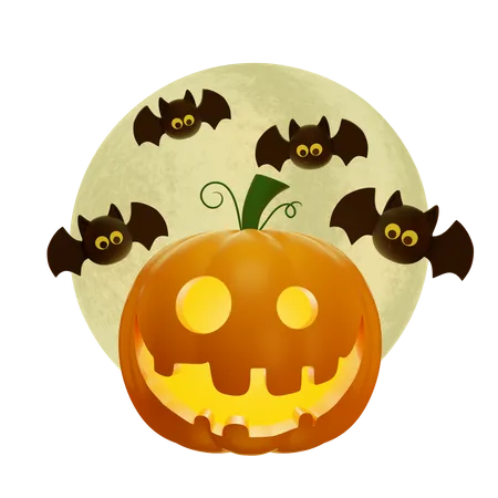 Pumpkin Lantern And Full Moon With Flying Bats  3D Illustration